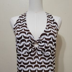 Attention | 90s Vintage White & Brown Crescent Print Halter Dress